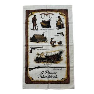 Vintage A Pioneer Sketchbook Linen Tea Towel Kay Dee Western Wagon Brown Tan